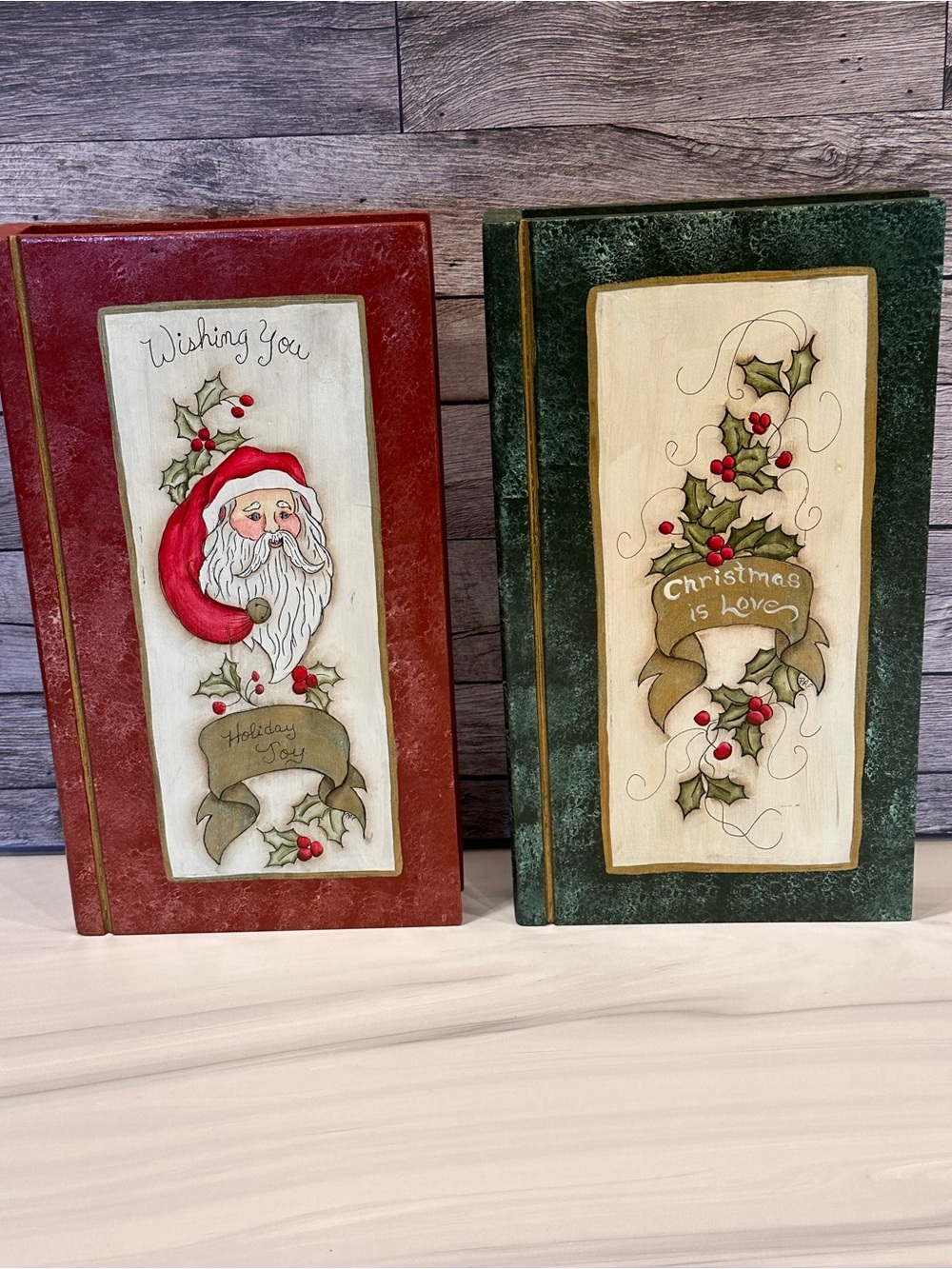 Vintage Wooden Christmas Faux Book Decor Set of 2 Santa Holiday Table Top